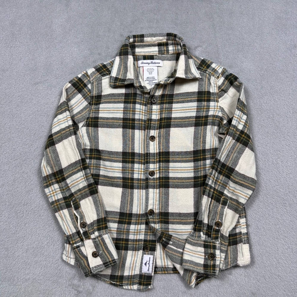 Tommy Bahama Boys Flannel Shirt Size S (5/6) Button Up Plaid Green Tan Casual
